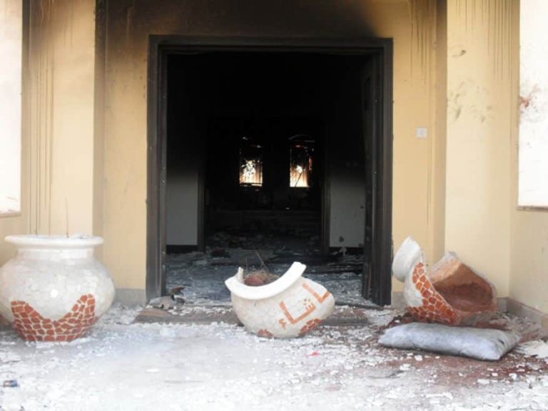 Benghazi compound burned out front entrance to the BIP villa the morning after the attack. Photo by Morgan Jones 768x576