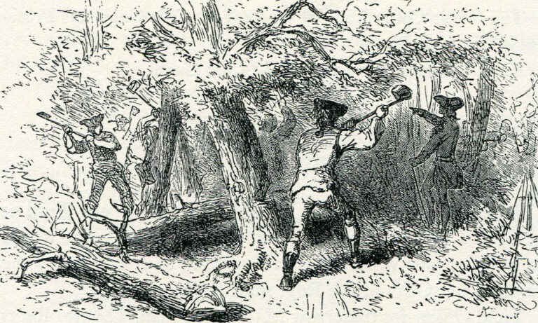 Viirginian Carpenters and British Pioneers clearing the road for General Braddocks army on the march to the Monongahela in 1755 768x461